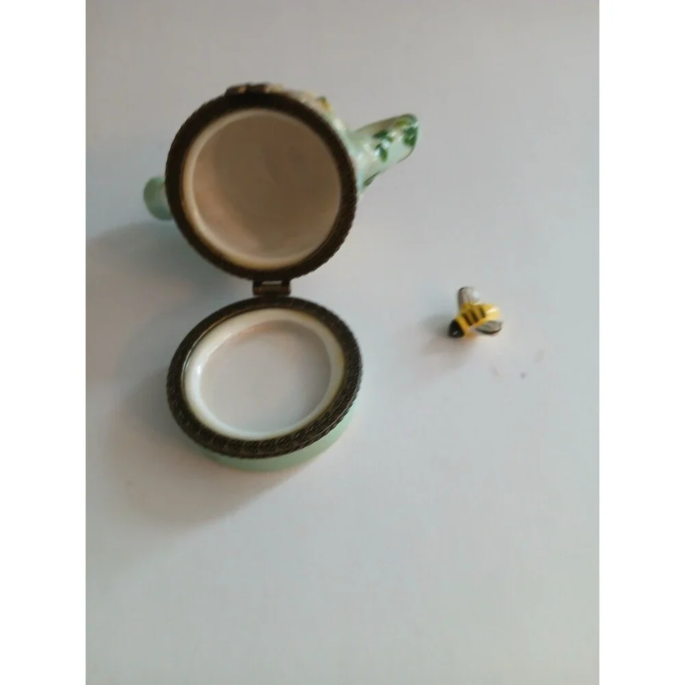 Vintage Porcelain Hinged Trinket Box Watering Can Hummingbird BumbleBee Flowers